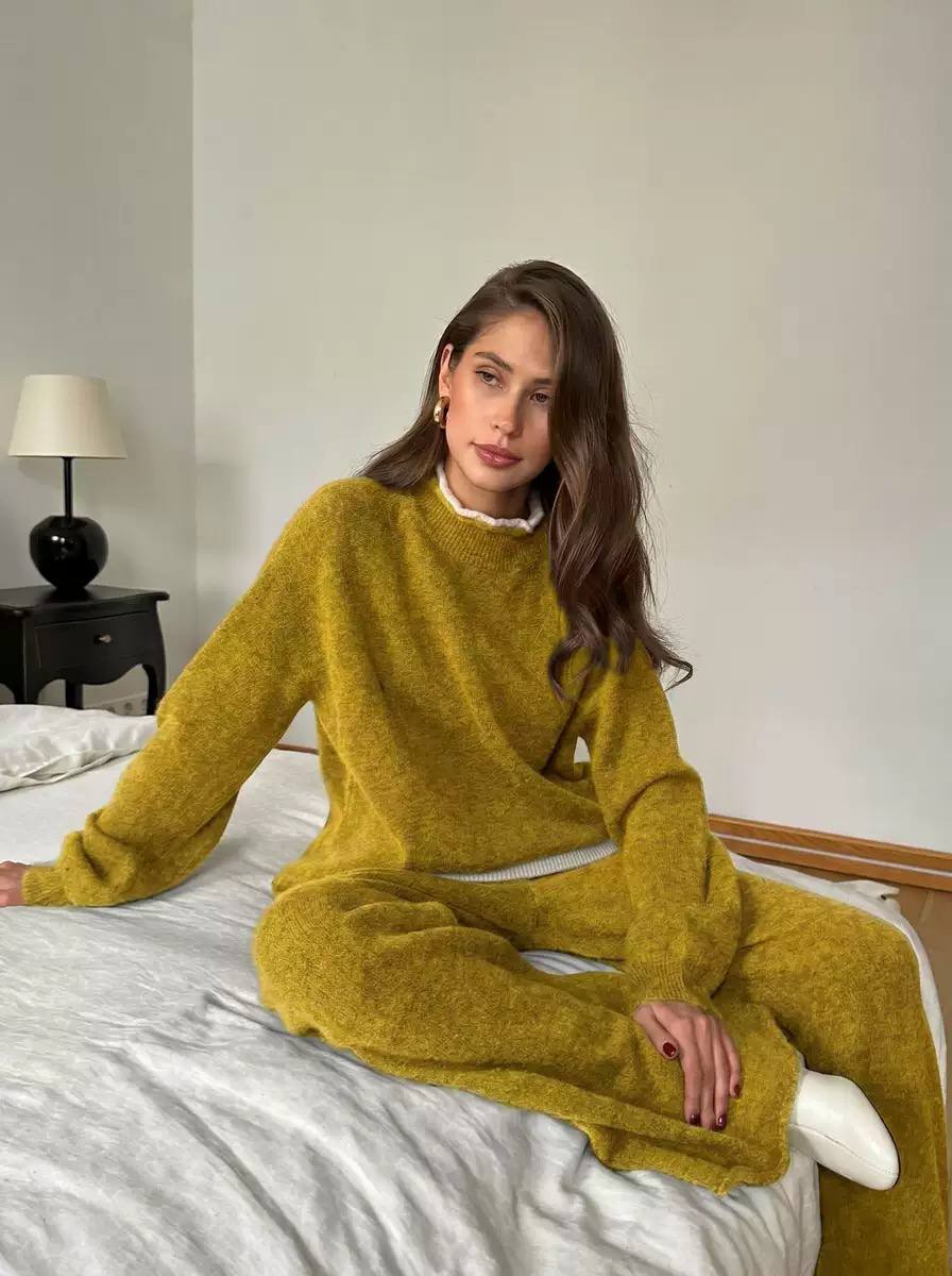 Two-Piece Knitted Crew Neck Long Sleeve Sweater & Wide-Leg Pants Lounge Set