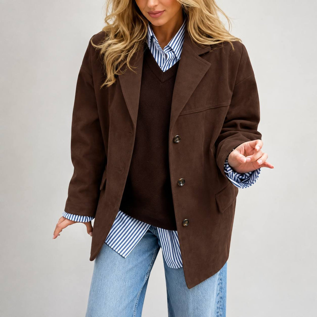 Women’s Oversized Suede-Look Blazer | Notched Lapel Relaxed Fit Jacket