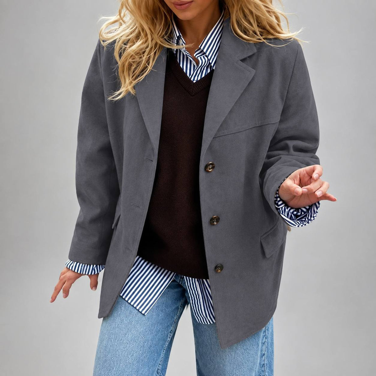 Women’s Oversized Suede-Look Blazer | Notched Lapel Relaxed Fit Jacket