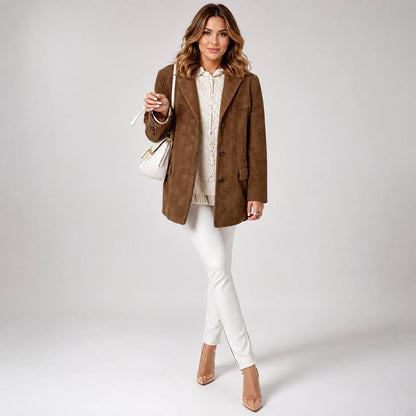 Women’s Oversized Suede-Look Blazer | Notched Lapel Relaxed Fit Jacket
