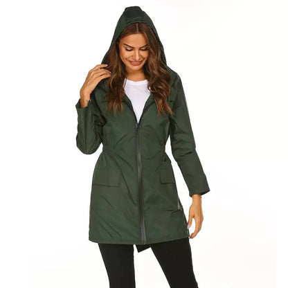 Women’s Hooded Mid-Length Rain Jacket | Drawstring Waist & Zip Front