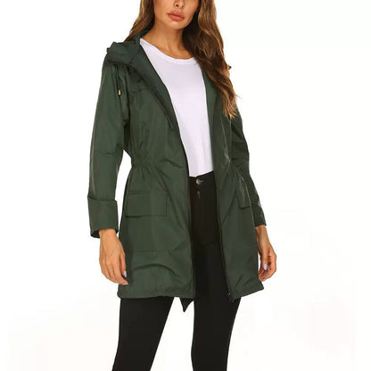 Women’s Hooded Mid-Length Rain Jacket | Drawstring Waist & Zip Front