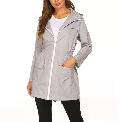 Women’s Hooded Mid-Length Rain Jacket | Drawstring Waist & Zip Front