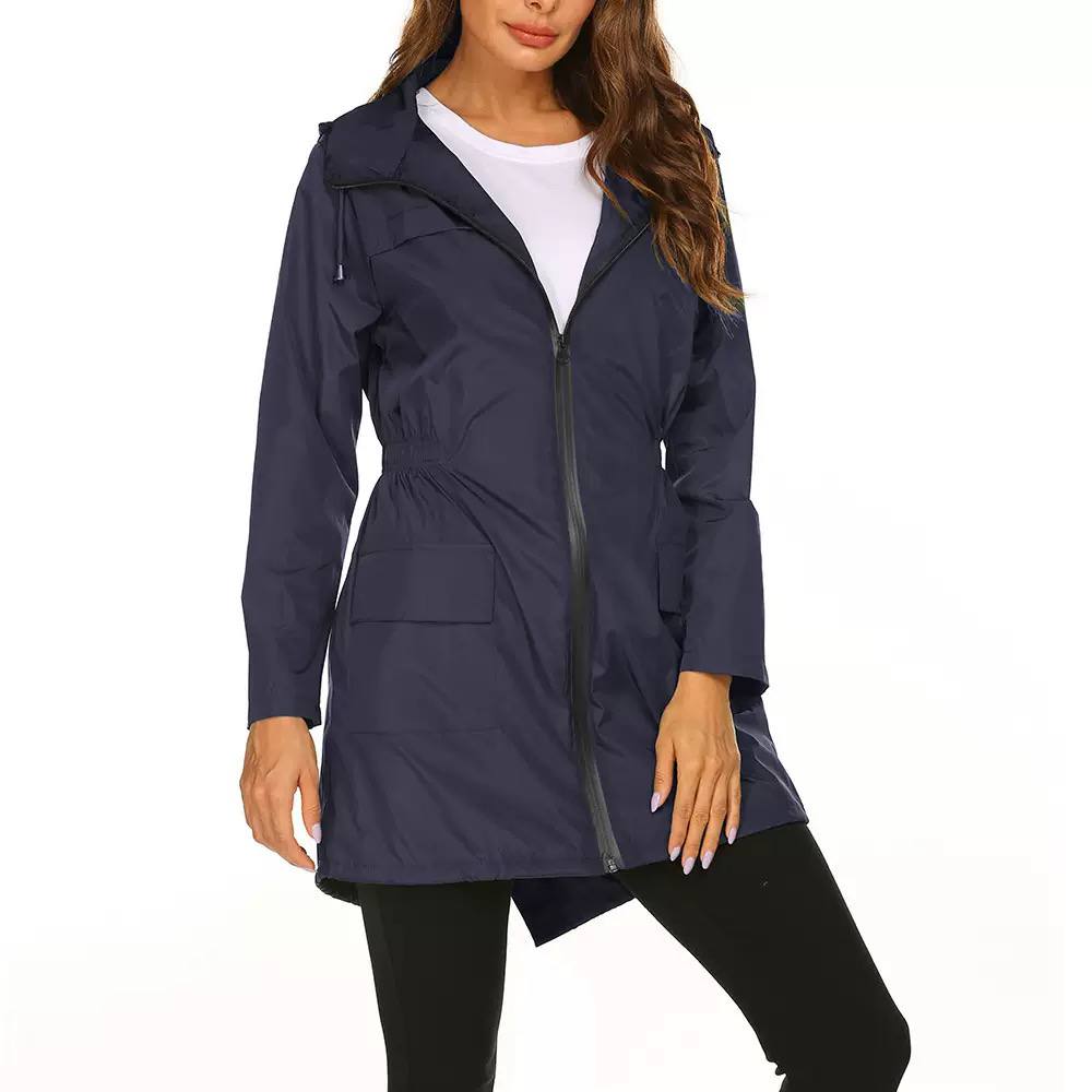 Women’s Hooded Mid-Length Rain Jacket | Drawstring Waist & Zip Front