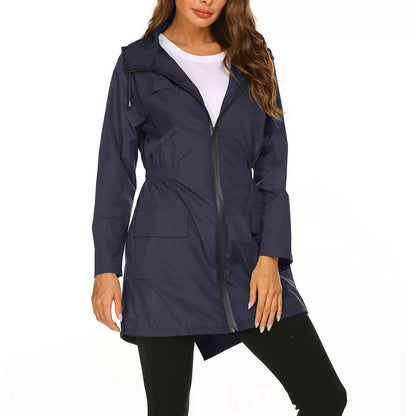 Women’s Hooded Mid-Length Rain Jacket | Drawstring Waist & Zip Front