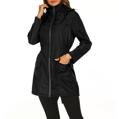 Women’s Hooded Mid-Length Rain Jacket | Drawstring Waist & Zip Front