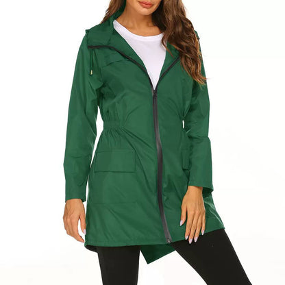 Women’s Hooded Mid-Length Rain Jacket | Drawstring Waist & Zip Front