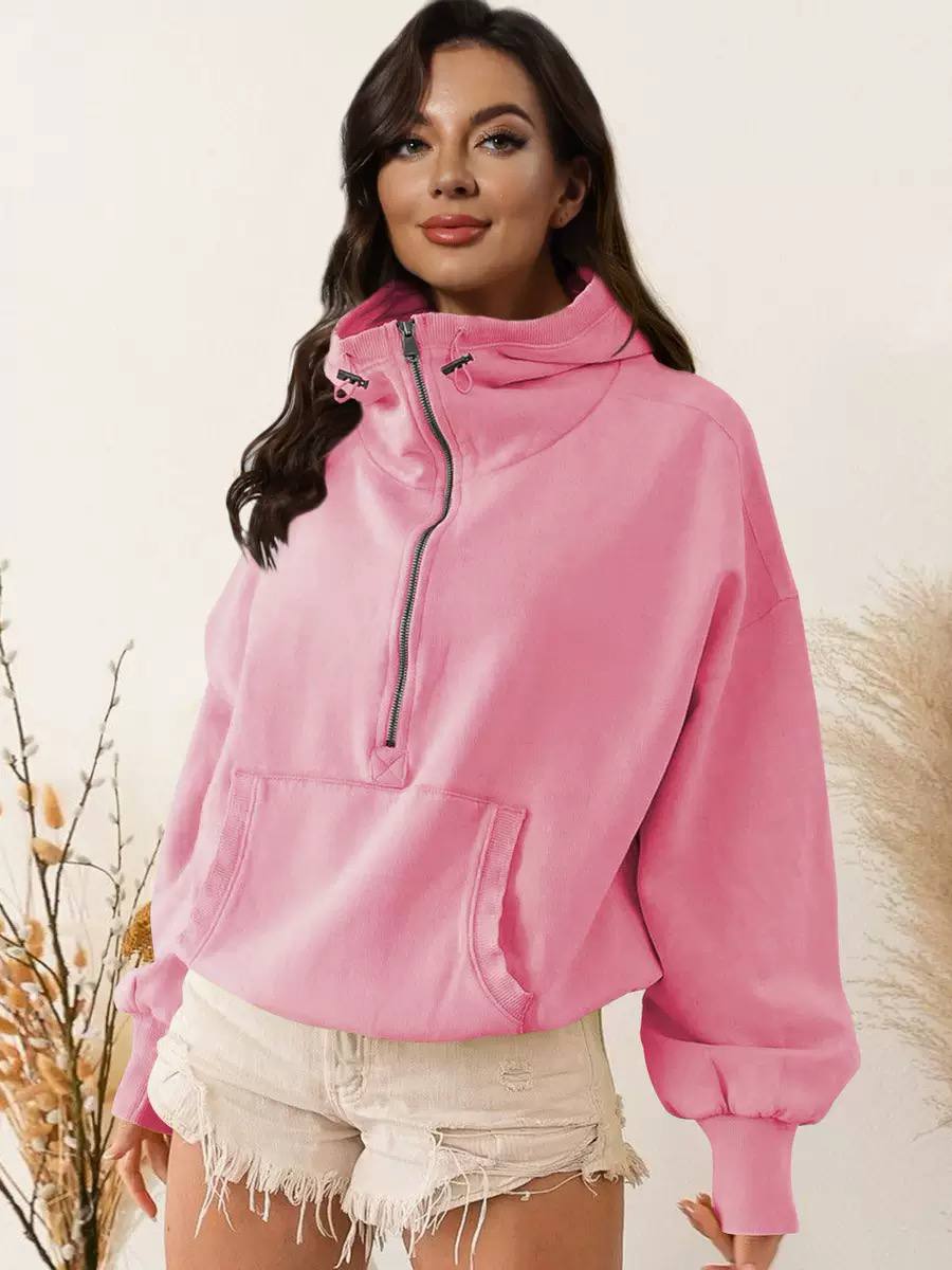 Women’s Oversized Half-Zip Pullover | High Neck Sweatshirt with Kangaroo Pocket
