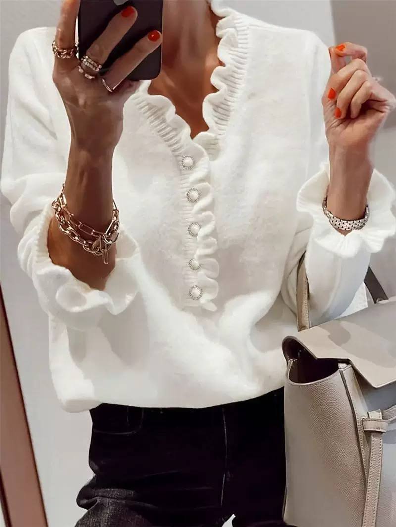Women’s Scalloped V-Neck Blouse | Pearl-Style Button Long Sleeve Top