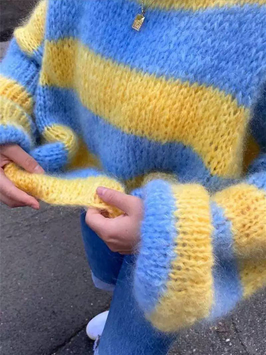 Women’s Oversized Striped Chunky Knit Sweater | Relaxed Crew Neck Jumper