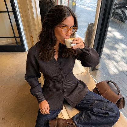 Women’s V-Neck Button-Front Knitted Cardigan | Ribbed Waist Sweater