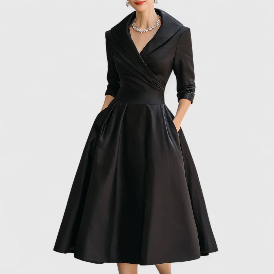 Women’s Shawl Collar Wrap-Front Midi Dress | Elegant Fit-and-Flare Dress