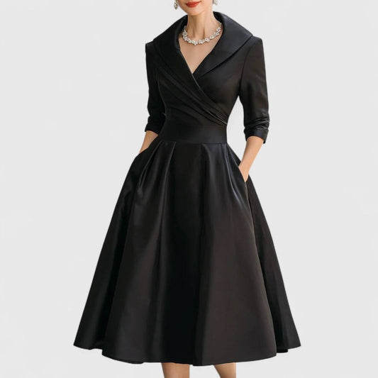 Women’s Shawl Collar Wrap-Front Midi Dress | Elegant Fit-and-Flare Dress