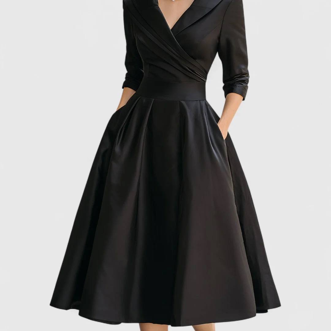 Women’s Shawl Collar Wrap-Front Midi Dress | Elegant Fit-and-Flare Dress