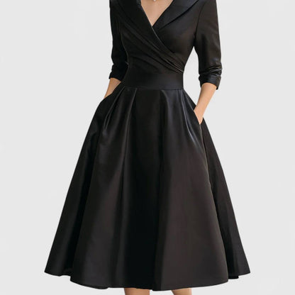 Women’s Shawl Collar Wrap-Front Midi Dress | Elegant Fit-and-Flare Dress