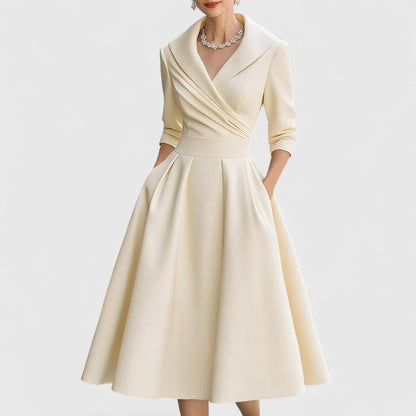 Women’s Shawl Collar Wrap-Front Midi Dress | Elegant Fit-and-Flare Dress