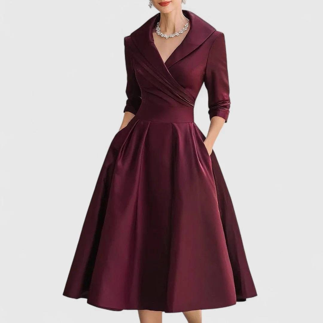Women’s Shawl Collar Wrap-Front Midi Dress | Elegant Fit-and-Flare Dress