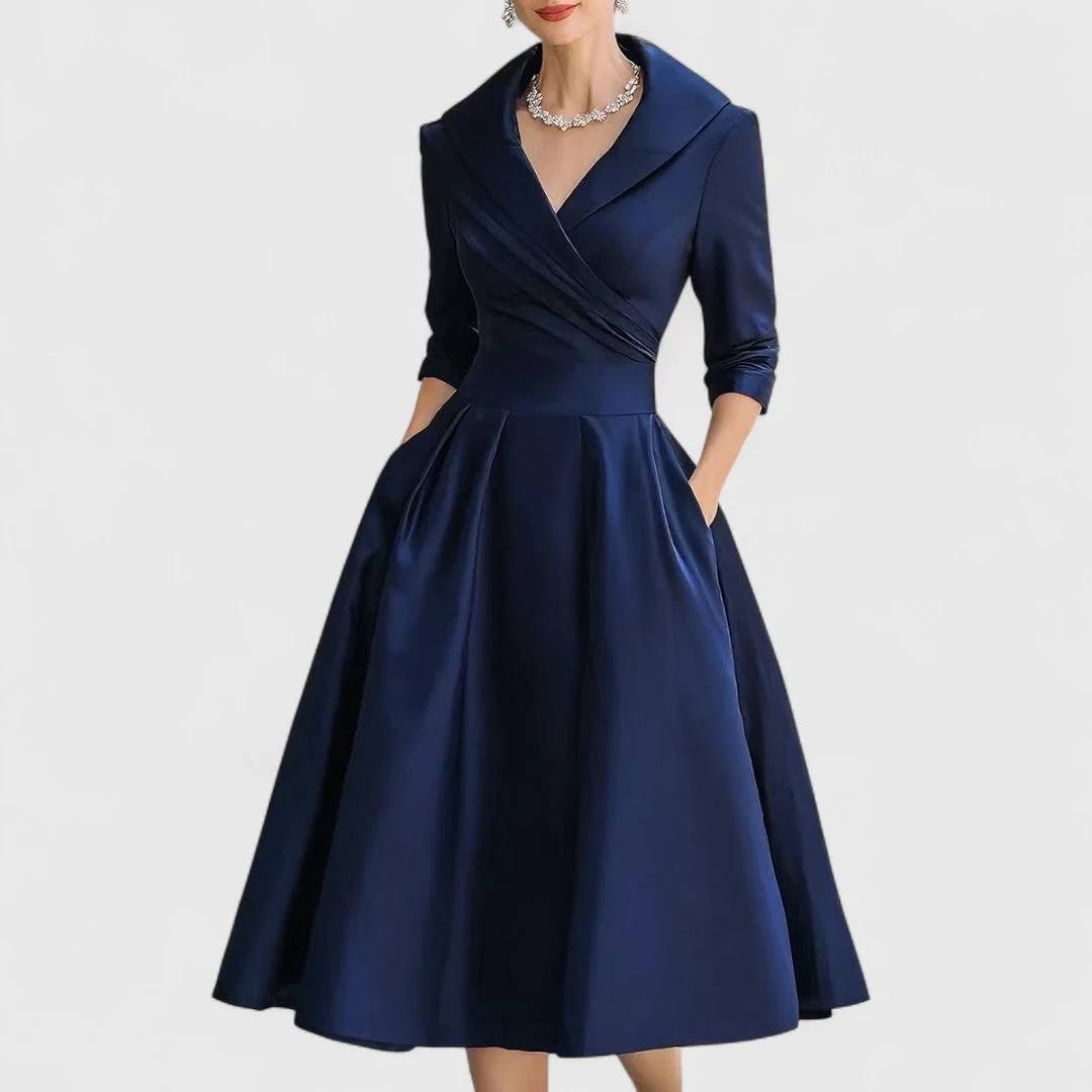 Women’s Shawl Collar Wrap-Front Midi Dress | Elegant Fit-and-Flare Dress