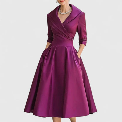 Women’s Shawl Collar Wrap-Front Midi Dress | Elegant Fit-and-Flare Dress