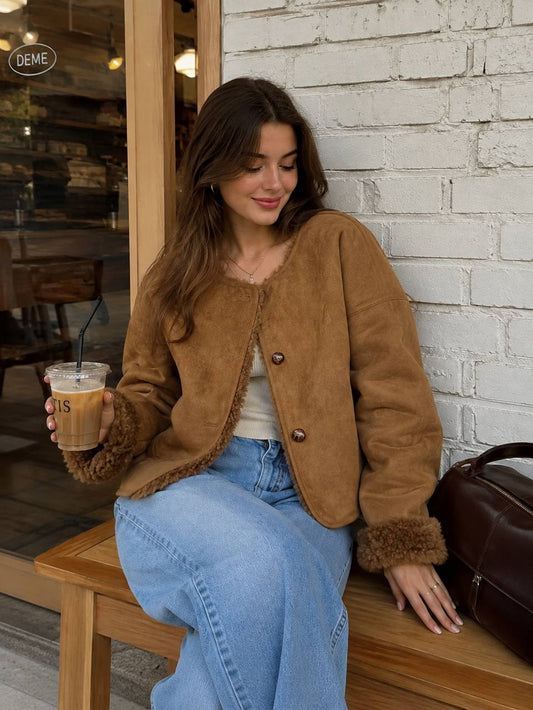 Women’s Faux Suede Jacket | Shearling Trim Casual Jacket