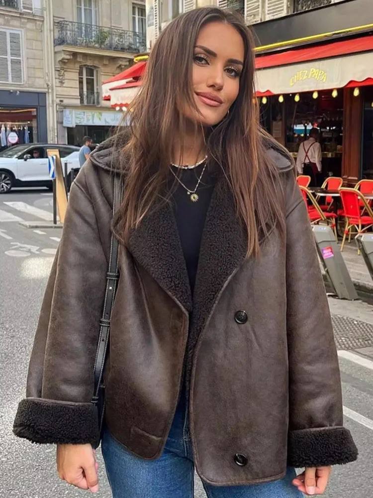 Women’s Oversized Shearling-Lined Jacket with Wide Lapel Collar and Patch Pockets