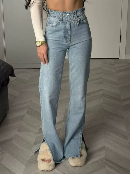 Women’s High-Waisted Jeans | Crossover Waist Straight-Leg Denim