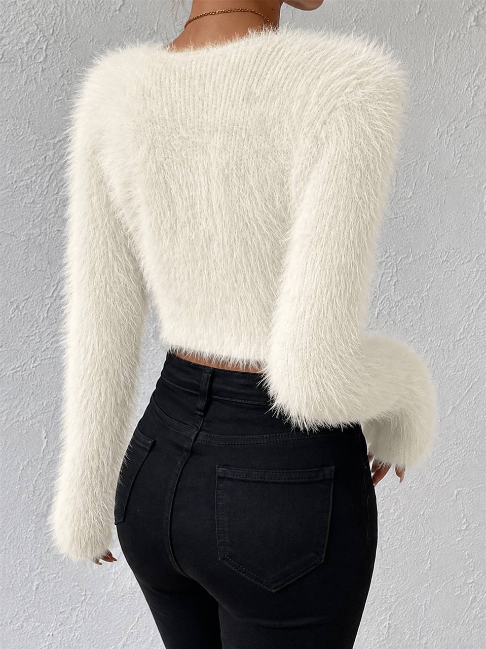 Women’s Fluffy V-Neck Sweater | Cropped Long Sleeve Knit Top