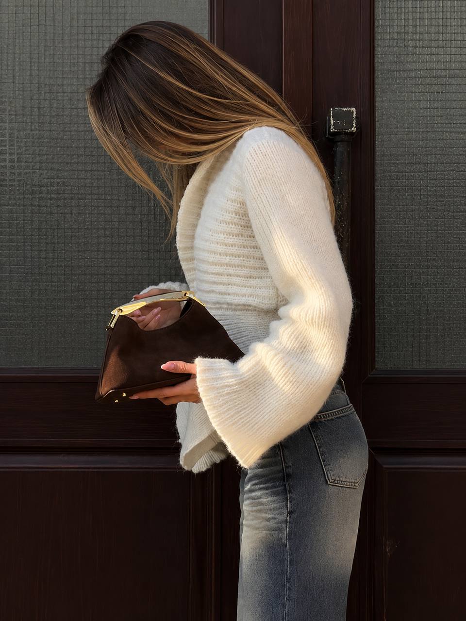 Open-Front Knit Cardigan with Statement Collar, Flared Sleeves and Single-Button Detail