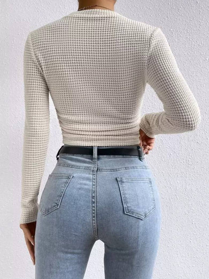 Textured Waffle Knit Long Sleeve Top with Crew Neck and Fitted Silhouette