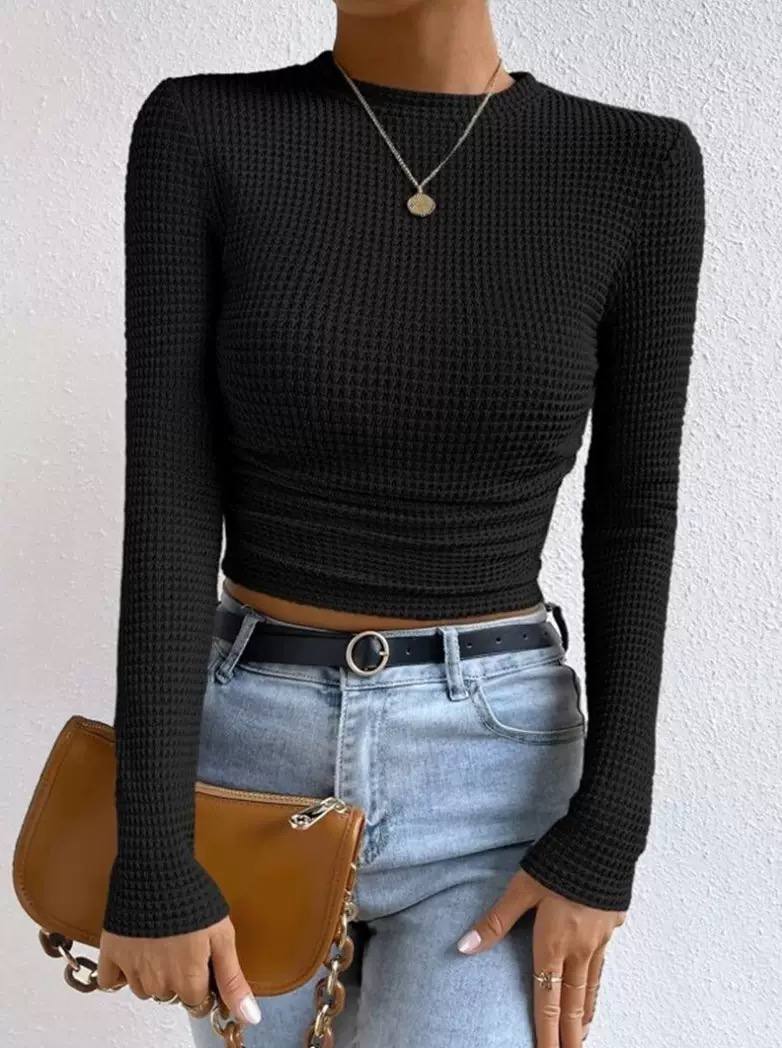 Textured Waffle Knit Long Sleeve Top with Crew Neck and Fitted Silhouette
