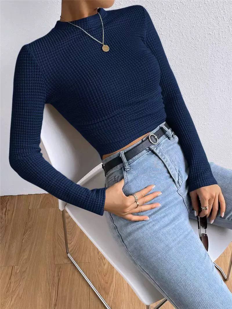Textured Waffle Knit Long Sleeve Top with Crew Neck and Fitted Silhouette