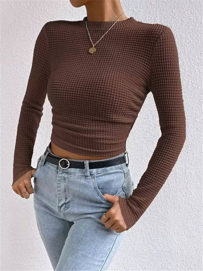 Textured Waffle Knit Long Sleeve Top with Crew Neck and Fitted Silhouette