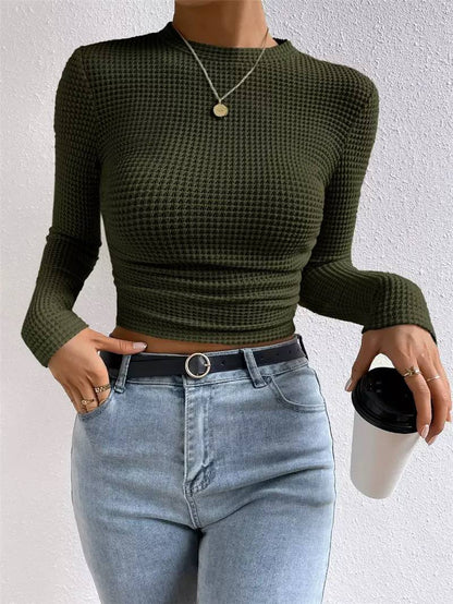 Textured Waffle Knit Long Sleeve Top with Crew Neck and Fitted Silhouette