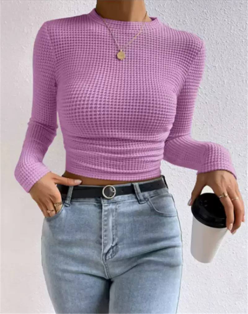 Textured Waffle Knit Long Sleeve Top with Crew Neck and Fitted Silhouette