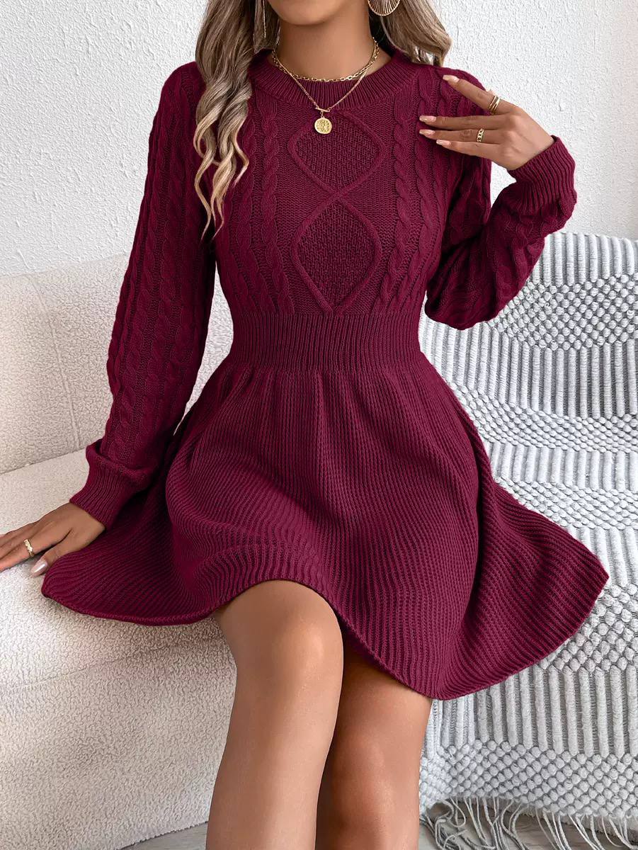 Cable Knit Fit & Flare Long Sleeve Sweater Dress