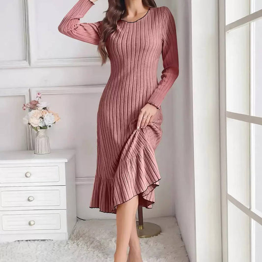 Women’s Elegant Ribbed Knit Long Sleeve Ruffle Hem Midi Dress