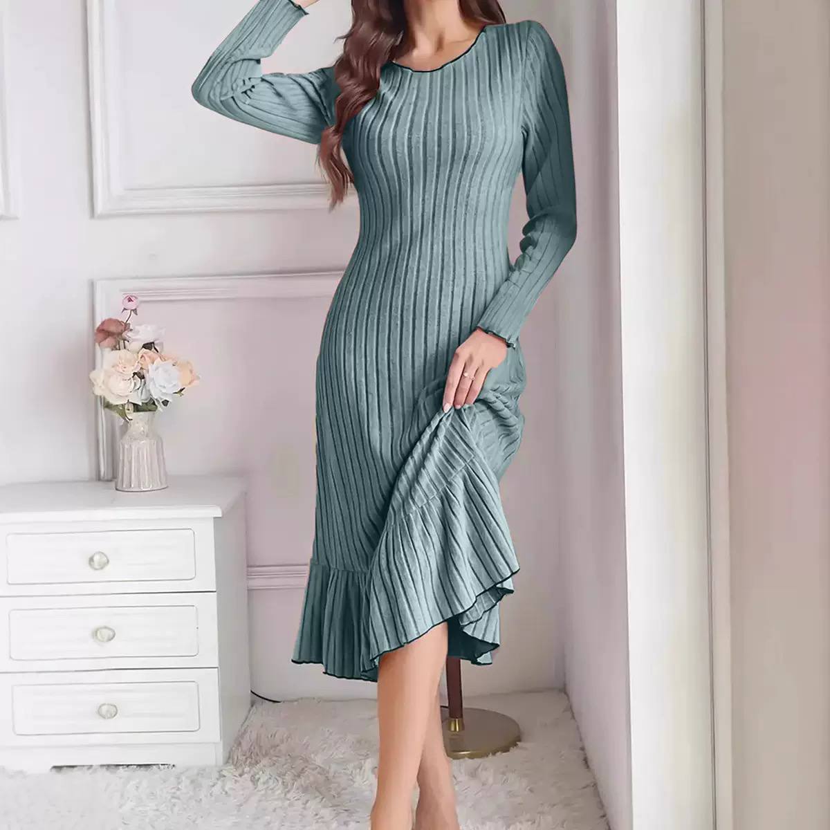 Women’s Elegant Ribbed Knit Long Sleeve Ruffle Hem Midi Dress