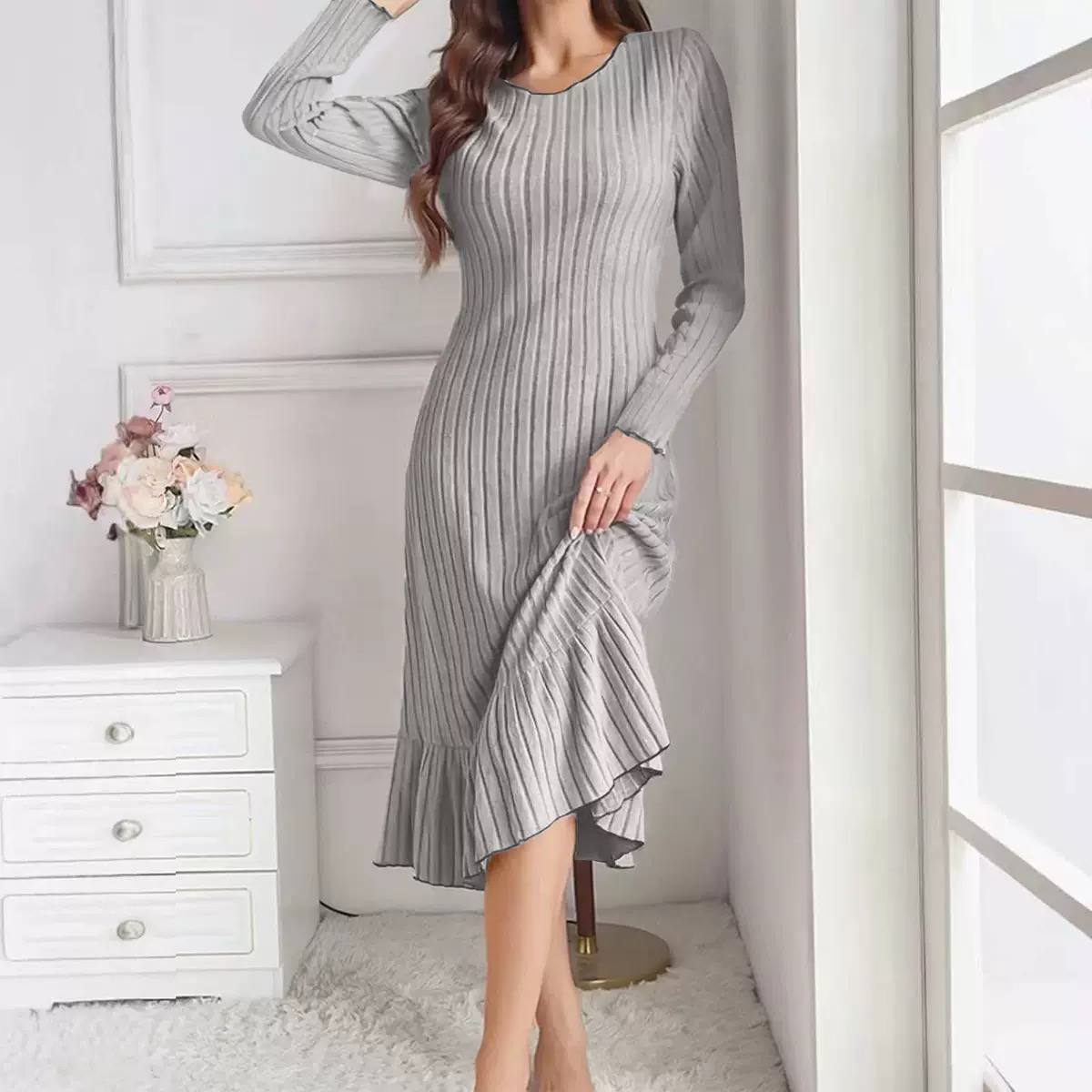 Women’s Elegant Ribbed Knit Long Sleeve Ruffle Hem Midi Dress