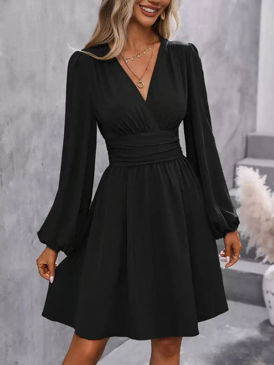 Women’s Elegant V-Neck Ruched Waist Long Sleeve A-Line Dress