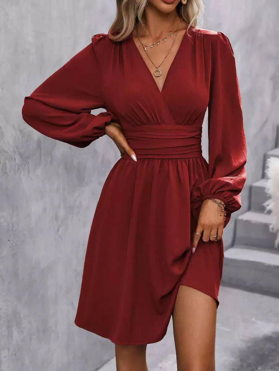 Women’s Elegant V-Neck Ruched Waist Long Sleeve A-Line Dress