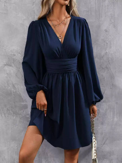 Women’s Elegant V-Neck Ruched Waist Long Sleeve A-Line Dress