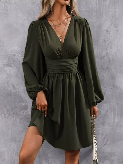 Women’s Elegant V-Neck Ruched Waist Long Sleeve A-Line Dress
