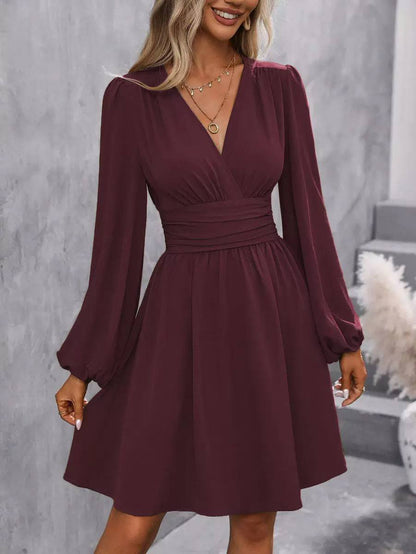 Women’s Elegant V-Neck Ruched Waist Long Sleeve A-Line Dress