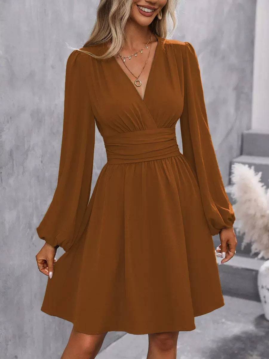 Women’s Elegant V-Neck Ruched Waist Long Sleeve A-Line Dress