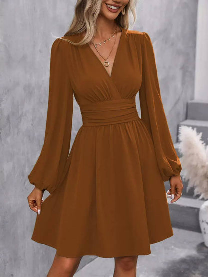 Women’s Elegant V-Neck Ruched Waist Long Sleeve A-Line Dress