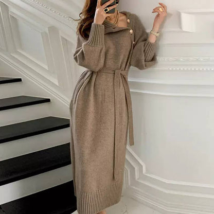 Women’s Elegant High Neck Button Detail Belted Knit Midi Dress