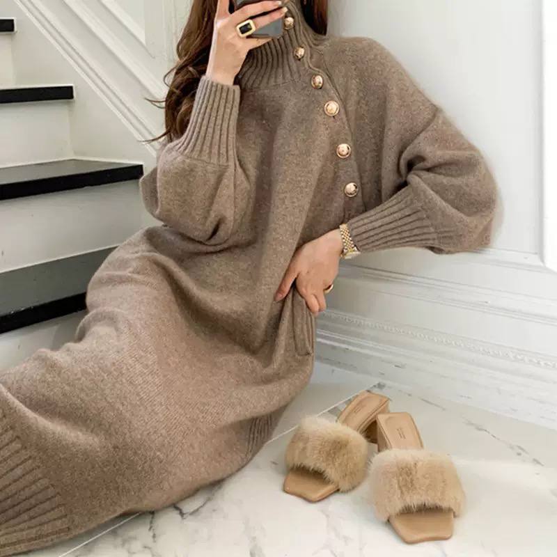 Women’s Elegant High Neck Button Detail Belted Knit Midi Dress
