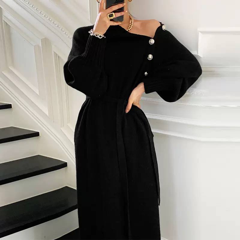 Women’s Elegant High Neck Button Detail Belted Knit Midi Dress