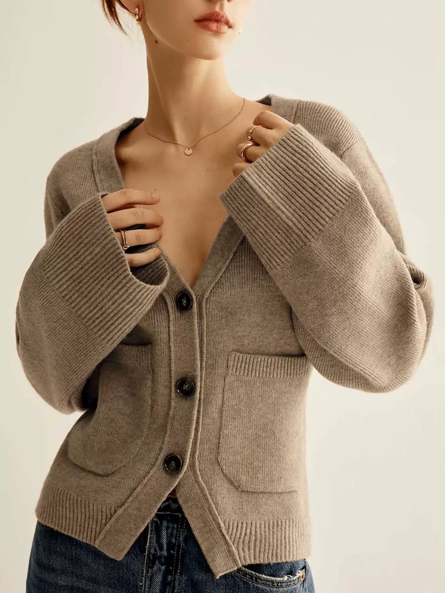 Women’s Relaxed V-Neck Button Front Knit Cardigan with Patch Pockets