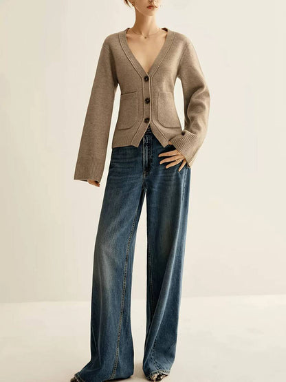 Women’s Relaxed V-Neck Button Front Knit Cardigan with Patch Pockets